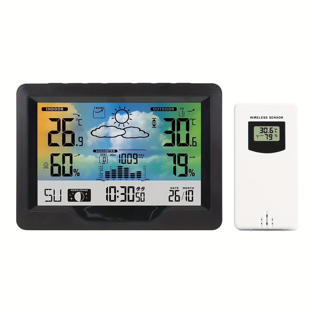 1pc Indoor Outdoor Weather Station With Colorful Monitor And 1 Outdoor Sensor, Indoor Outdoor Thermometer, Wireless Temperature, Humidity, Air Pressure Gauge, Weather Forecast, Alarm Clock