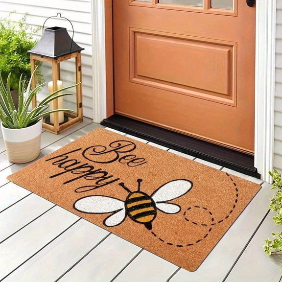 1pc Indoor Welcome Doormat - "Bee Happy" Bee Design, Non-Slip Flannel, Easy to Clean, Perfect for Entryway, Living Room, or Cafe Decor, Ideal for Halloween & Christmas, Indoor Welcome Mat | Playful