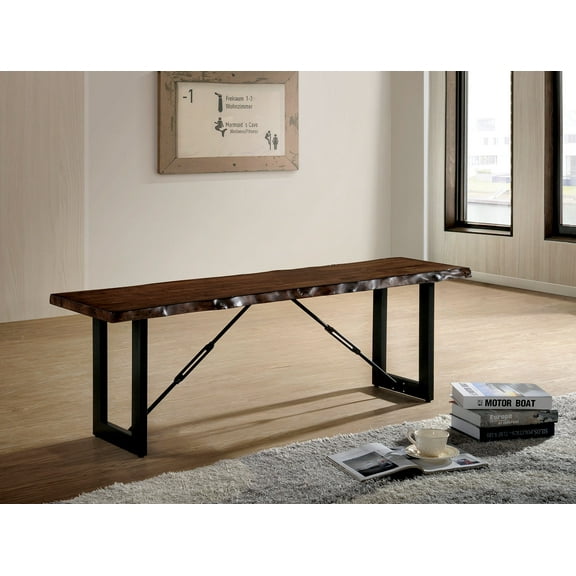 1pc Industrial Bench Two Tone Design U-shape Metal Bench Base Mimicking Chain Walnut And Black Finish