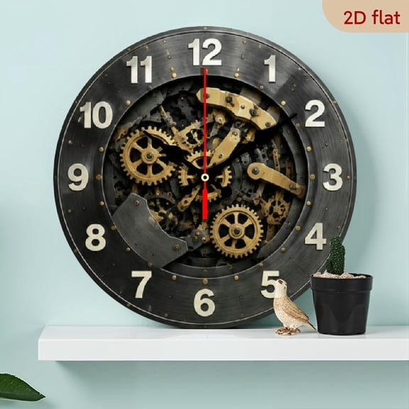 1pc Industrial Gear Wall Clock - Large (10 Inches) Silent Non-Ticking Modern Industrial Decor, Golden Hands, Black Background - Wood Surface for Living Room, Office, Man Cave Use - Perfect Fat