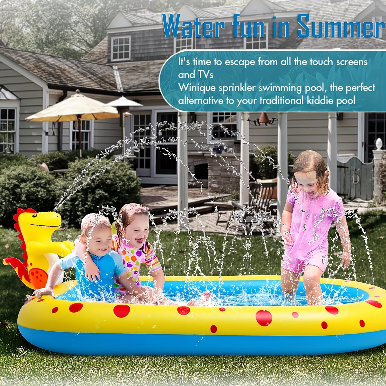 1pc Inflatable Sprinkler Pool For Kids, Cute Dinosaur Kiddie Pool, 3in