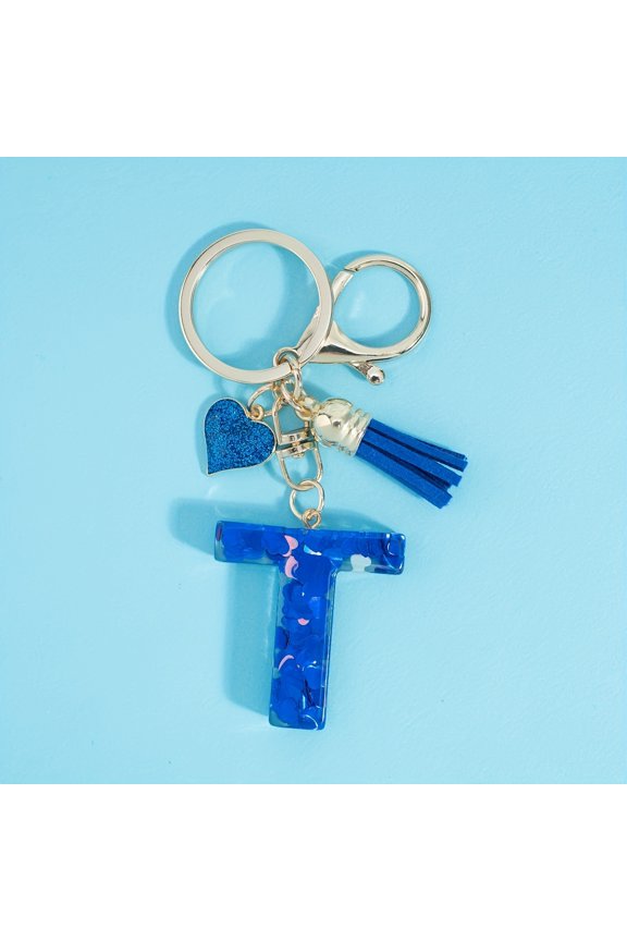 1pc Initial Car Keychain, Beautiful Blue Tassel Heart A-Z Letter Keyring, Novelty Keychain Pendant for Women, Wallet, Backpack, Hanging Accessory, Car Keychain,Creative Gift