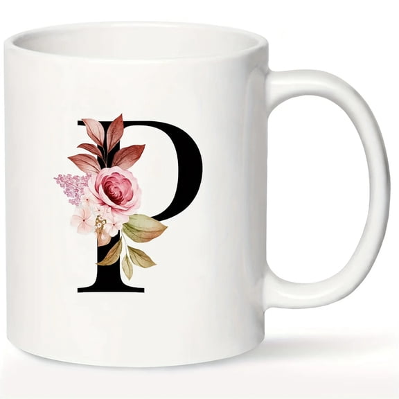 1pc, Initial Letter Mug, Name Mug, Funny Coffee Mug, Monogram Mug, Floral Alphabet Mug, Flower Coffee Mug, Gift For Mom Daughter, Ceramic Mug Double-sided Design, Coffee Cup, Tea Cup, Drinkware