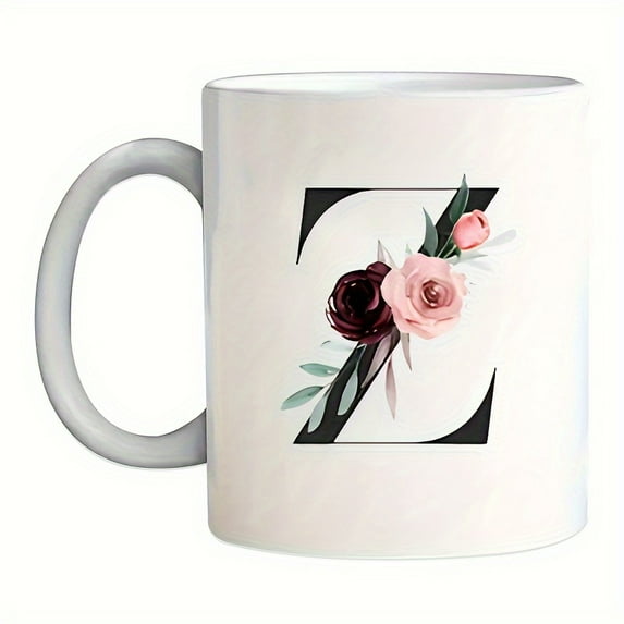 1pc, Initial Letter Mug, Name Mug, Funny Coffee Mug, Monogram Mug, Floral Alphabet Mug, Flower Coffee Mug, Gift For Mom Daughter, Ceramic Mug Double-sided Design, Coffee Cup, Tea Cup, Drinkware
