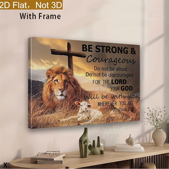 1pc Inspirational Lion of Judah Canvas Wall Art with Joshua 1:9 Bible Verse - Strong & Brave Christian Home Decor, Waterproof Pine Wood Frame, Ready-to-Hang Motivational Scripture Print