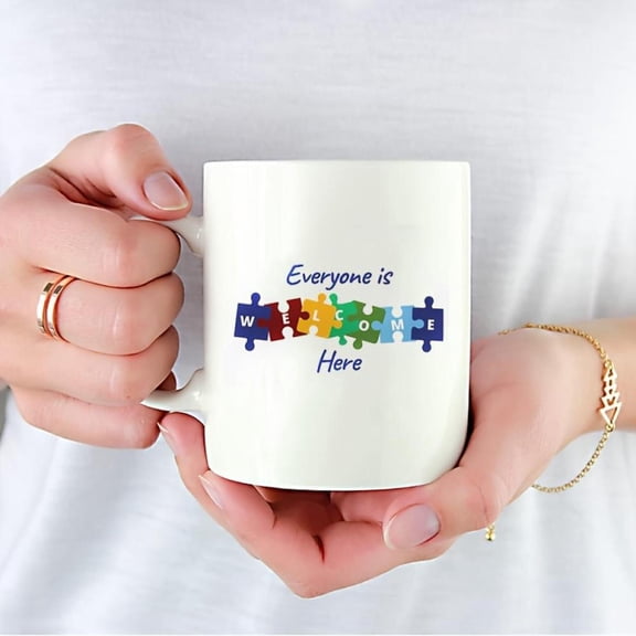 1pc Inspirational Puzzle Piece Everyone is Welcome Here Ceramic Mug 11 oz Insulated Reusable Washable Graphic Printed Coffee Cup Home Office Party Ide