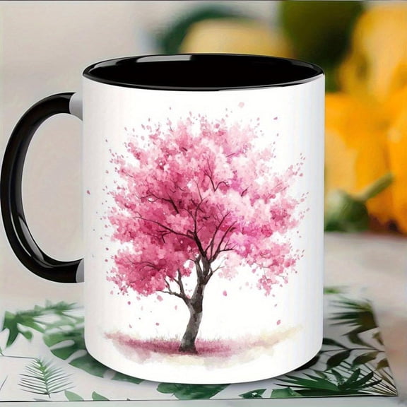 1pc Inspired Pink Cherry Blossom Ceramic Mug 11oz Double Sided Tree Cherry Blossom Cup Hand Wash Only Reusable Coffee Tea Cup Valentine s Birthday Office Use No Assembly Required