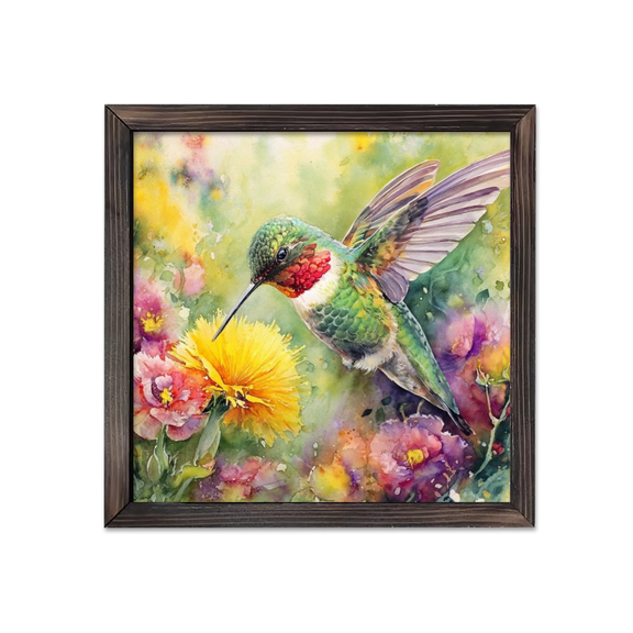 1pc Inspiring Hummingbird With Flowers Wood Framed Sign Beautiful Watercolor Bird And Floral Art Wall Art for Spring Decoration, Home, Living Room, Bedroom, Entryway, 8x8 Inch Hanging Decora
