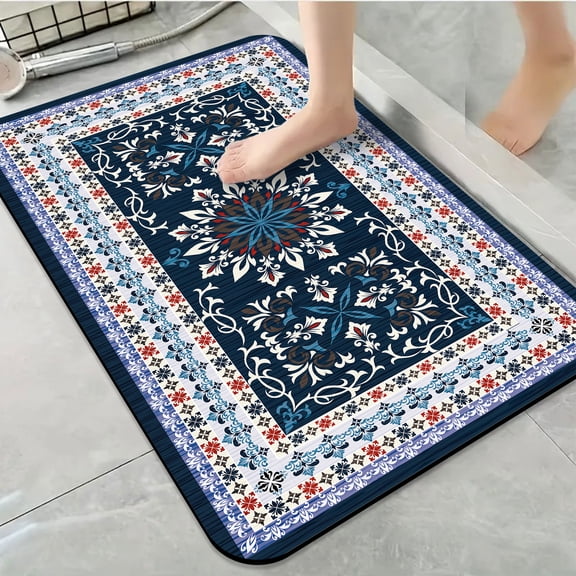 1pc Intricate Blue White Ornamental Bathroom Rug Bathroom Decor and Accessories- Durable,Anti Slip,And Quick Drying,Suitable For Indoor/outdoor Use - Perfect For Bathrooms,Bedrooms,Kitchens