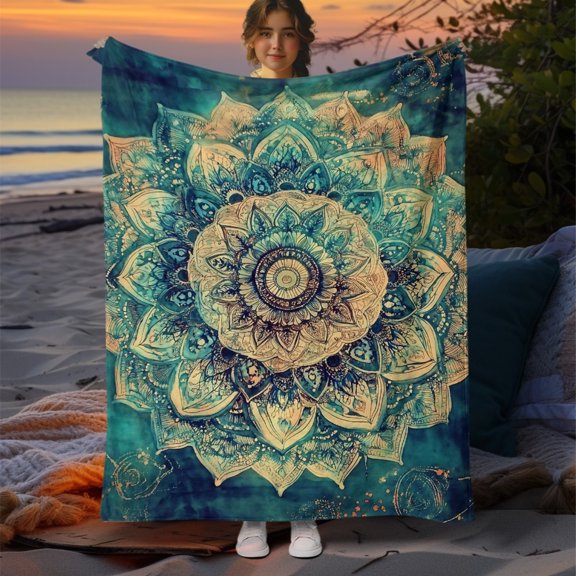 1pc Intricate Mandala Pattern Flannel Throw Blanket Soft Warm Lightweight Digital Print All-Season for Sofa Bed Camping Office Couch Machine Washable Vibrant Home Decor