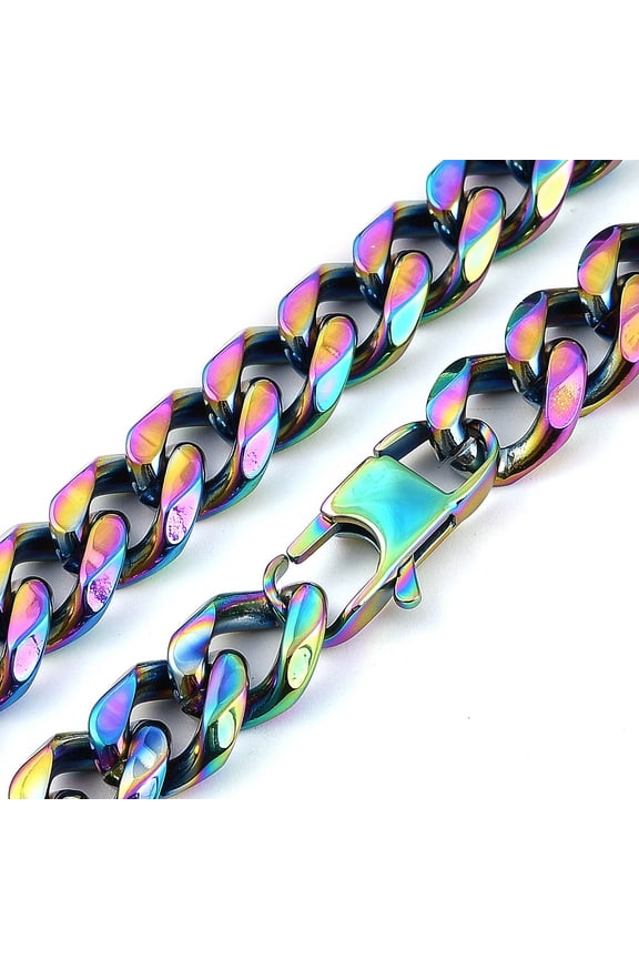 1pc Ion Plating(IP) 304 Stainless Steel Cuban Link Chain Necklaces for Men Rainbow color 23.94 inch(60.8cm)