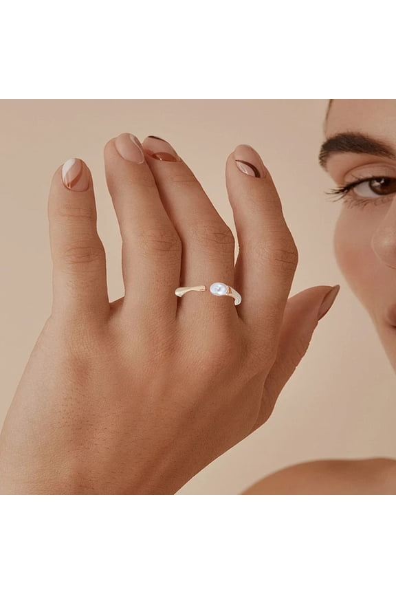 1pc Ion Plating(IP) 304 Stainless Steel Cuff Finger Rings for Women with Round Plastic Imitation Pearl Golden US Size 7(17.3mm)