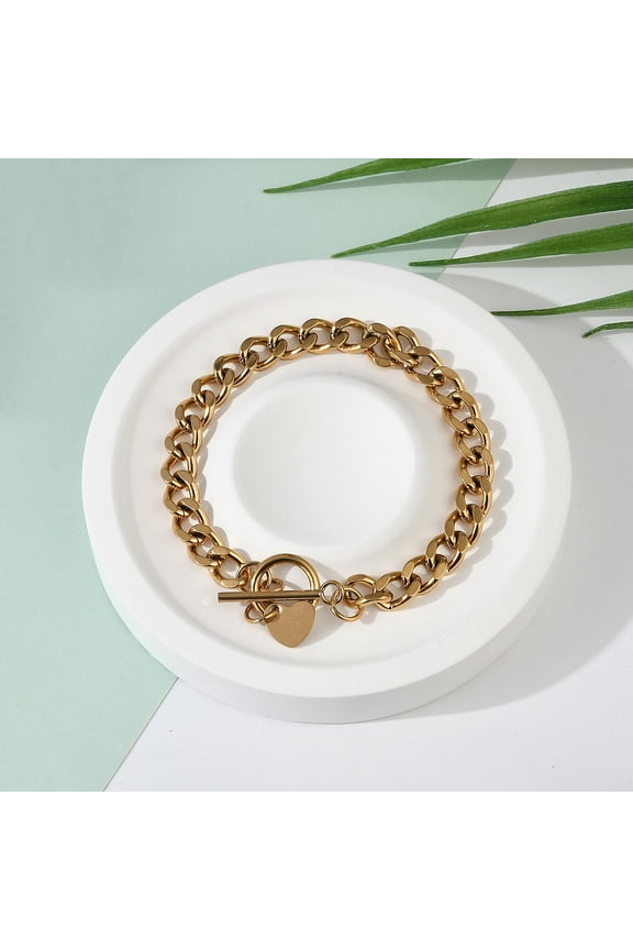 1pc Ion Plating(IP) 304 Stainless Steel Curb Chain Bracelets with Toggle Clasps and Heart Shape Charm Golden 7-1/2 inch(19cm) 7.5mm 1pc