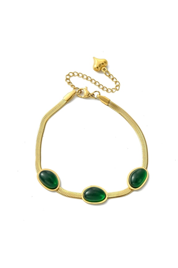 1pc Ion Plating(IP) 304 Stainless Steel Herringbone Chain Bracelets Green Oval Resin Link Bracelets for Women 7-1/2 inch(18.9cm)