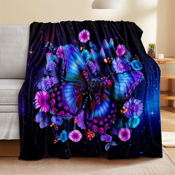 1pc of Iridescent Butterfly Floral Blanket, Psychedelic Starry Sky Style, Light Beige-friendly and Warm, Featuring Dazzling Butterfly Flowers with a Nebula