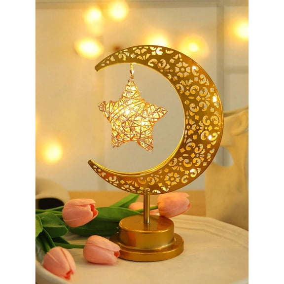 1pc Iron Art Star & Moon Shaped Night Light, Table Lamp Battery Powered,Led Warm Light For Indoor Decor,Suitable For Various Festival,Occasion,Scene,Room,Home,Office, And Theme Party Decoration