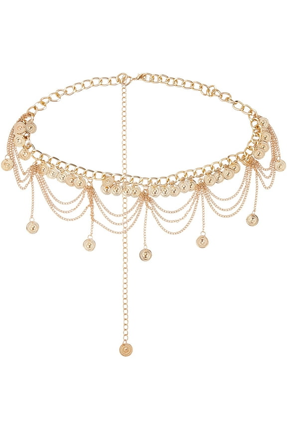 1pc Iron Curb Chains Belt Flat Round & Tassel Waist Belt Belly Dance Hip Scarfs Light Gold 29 inch(73.5cm) DIY