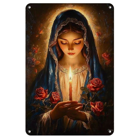 1pc, Iron Religious Sign with Candle and Roses - Weatherproof Spiritual Wall Art Decor for Home, Church, Prayer Room - Iconic Catholic Image, 8x12 inches - Perfect for Christmas, Easter