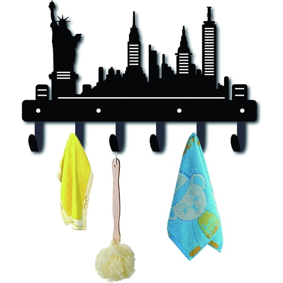 1pc Iron Wall Mounted Hook Hangers Decorative Organizer Rack with 6 Hooks for Bag Clothes Key Scarf Hanging Holder Building Shaped Gunmetal