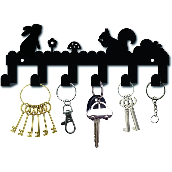 1pc Iron Wall Mounted Hook Hangers Decorative Organizer Rack with 6 Hooks for Bag Clothes Key Squirrel and Rabbit Gunmetal 10x27cm
