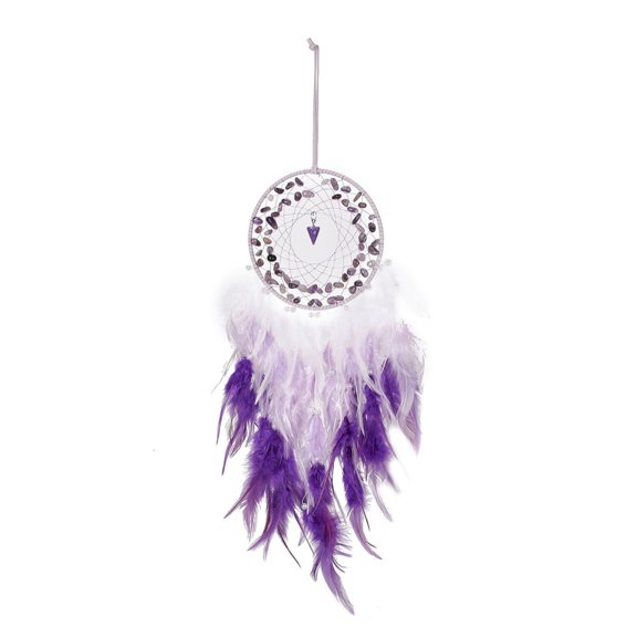 1pc Iron Wire Woven Web/Net with Feather Decorations with Plastic Amethyst Beads Dangle Cone Covered with Leather Cord Flat Round Purple 660mm
