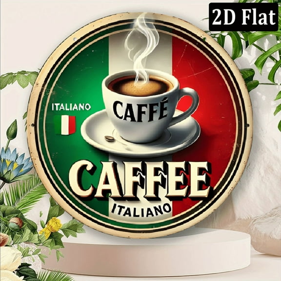 1pc Italian Coffee Art Deco Metal Sign, 8*8 Inch Round Aluminium Plate for Wall, Vintage Inspired Festive Decoration for Indoor, Outdoor, Farm, Restaurant, Garden