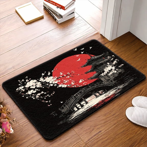 1pc Japanese Ukiyo-E Style Cherry Blossom Red Arch Bridge Floor Mat, Non-Slip Rubber Base Flannel Door Mat, Durable And Machine Washable Universal Carpet