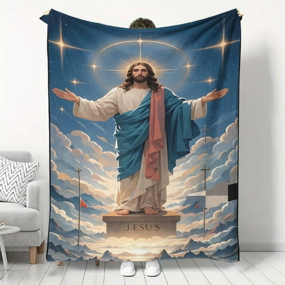 1pc Jesus Flannel Fleece Throw Blanket - Contemporary Style, All Seasons, Soft Lightweight Comfort, Digital Print Polyester, 200-250gsm, Ideal for Napping, Bed