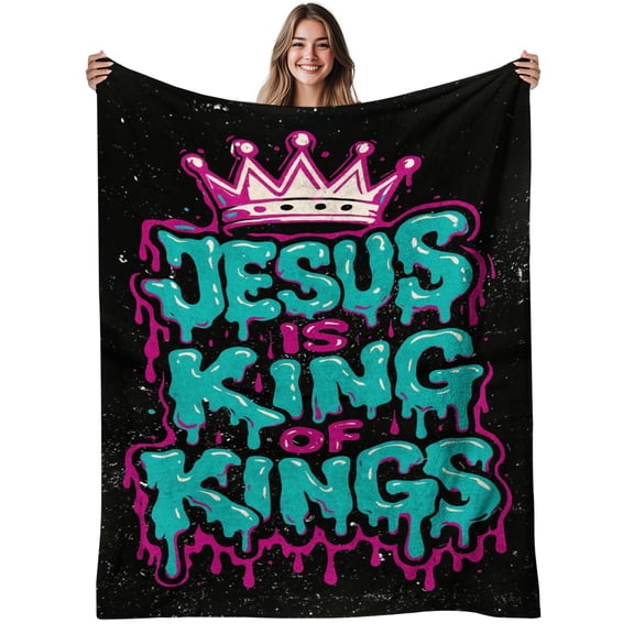 1pc Jesus Is King of Kings Blanket Soft Warm Flannel Bedspread with Graffiti Crown & Verse Design All Season Faith Bed Cover for Church Christmas Gift (King of Kings Jesus)