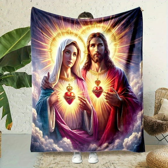 1pc Jesus and Mary Religious Art Flannel Blanket - Soft Lightweight All-Season Throw with Radiant Hearts & Clouds Design, Machine Washable Multi-Use Sofa Bed