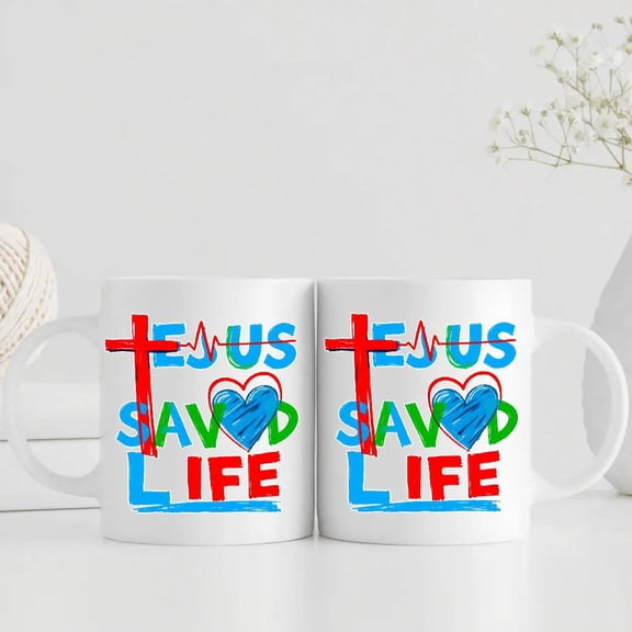 1pc Jesus Saves Ceramic Mug with Verse - 11oz White Coffee Cup, Dishwasher Religious Gift for Church,, Weddings - Heart in the Word Life Design for Hot/Cold Drinks, Tea & Hot Cocoa