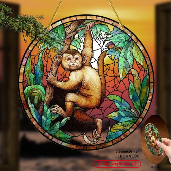 1pc Jungle Monkey Suncatcher, 80x80inch Acrylic Window Hanging, Transparent Mixed Color, Dazzling Acrylic Design with Metal Chain, Ideal Home Decor for Walls or Windowse