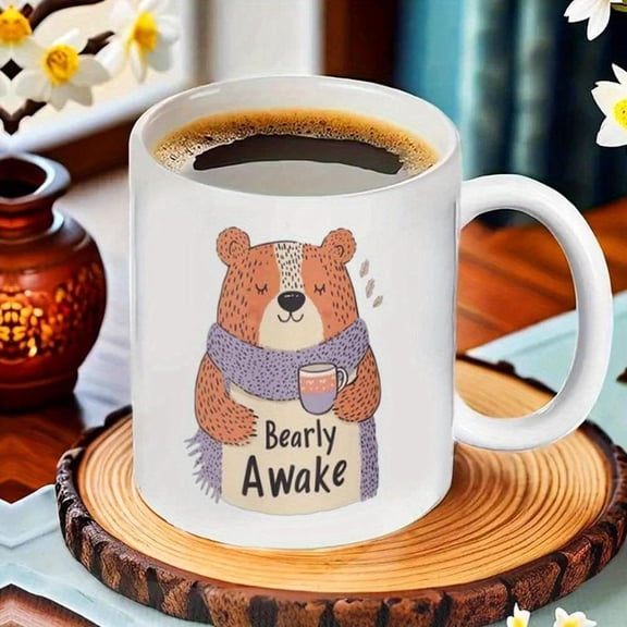 1pc Just Woke Bear Coffee Mug Funny Grizzly Design with Bearly Awake Text Ceramic Hand Wash Only Morning Use Coffee Bar Accessorie