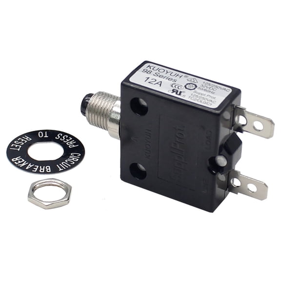 1pc KUOYUH 98 Series 125/250VAC 32VDC 50/60Hz Push Button Manual Reset Thermal Overload Circuit Breaker with Transparent Waterproof Dust Cap 3-70A (12A 1pc)
