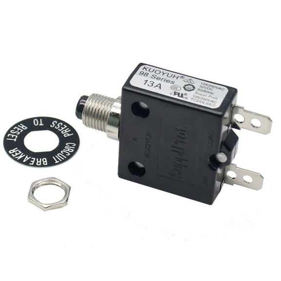 1pc KUOYUH 98 Series 125/250VAC 32VDC 50/60Hz Push Button Manual Reset Thermal Overload Circuit Breaker with Transparent Waterproof Dust Cap 3-70A (13A 1pc)