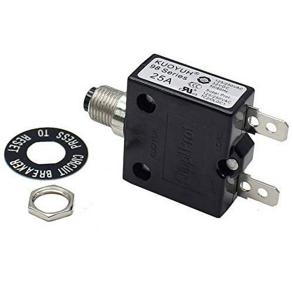 1pc KUOYUH 98 Series 125/250VAC 32VDC 50/60Hz Push Button Manual Reset Thermal Overload Circuit Breaker with Transparent Waterproof Dust Cap 3-70A (25A 1pc)