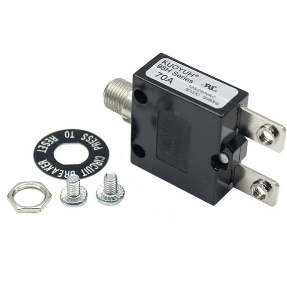 1pc KUOYUH 98 Series 125/250VAC 32VDC 50/60Hz Push Button Manual Reset Thermal Overload Circuit Breaker with Transparent Waterproof Dust Cap 3-70A (70A 1pc)