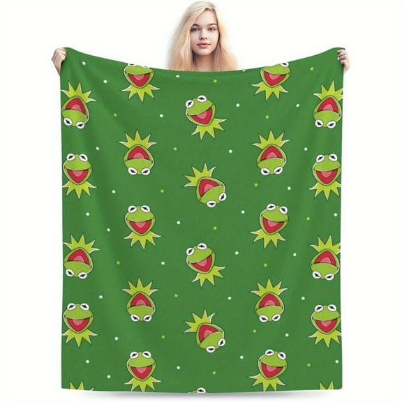 1pc Kermit the Frog Anime Flannel Blanket - Soft, Lightweight, Plush Bedding for Sofa or Bed, Green with Playful Cartoon Frog Design, Perfect Gift for Adults, All-Season