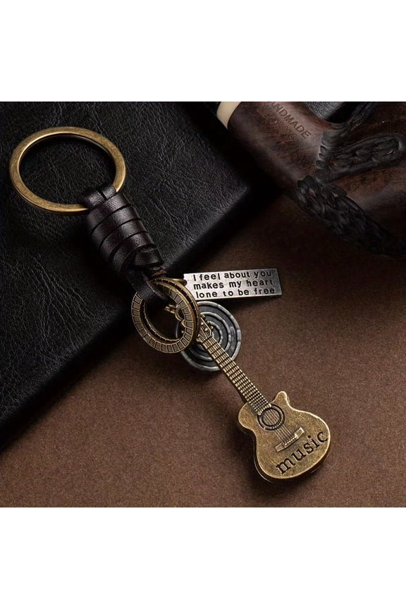 1pc Key Chain - Small Guitar Leather Key Chain Braided Cowhide Keychain Backpack Pendant - For Men - Stylish Accessory for Music Lovers - Perfect Gift for Dad & Friends,Bronze