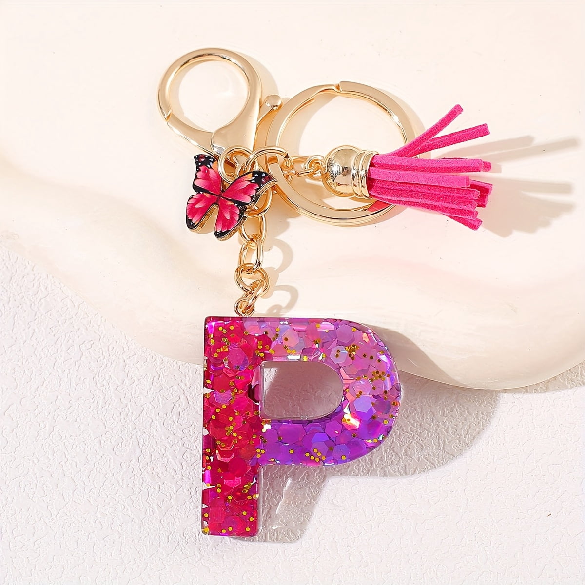 1pc Keychain Pendant, Black and Red Butterfly Tassel A-Z Dual-Color ...