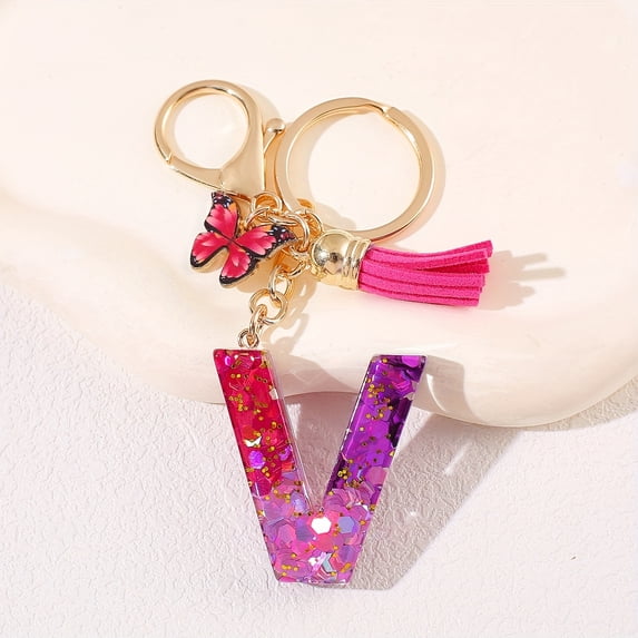 1pc Keychain Pendant, Black and Red Butterfly Tassel A-Z Dual-Color ...