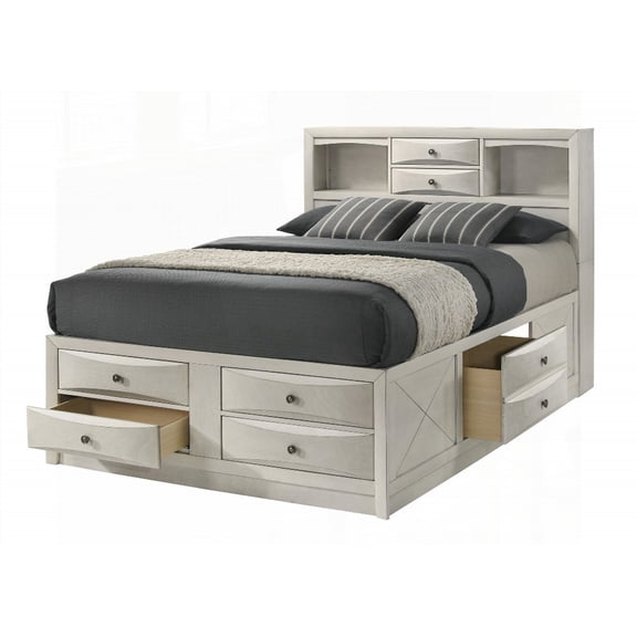 1pc King Bed Boasting Bookcase Headboard & Integrated Storage Drawers in White