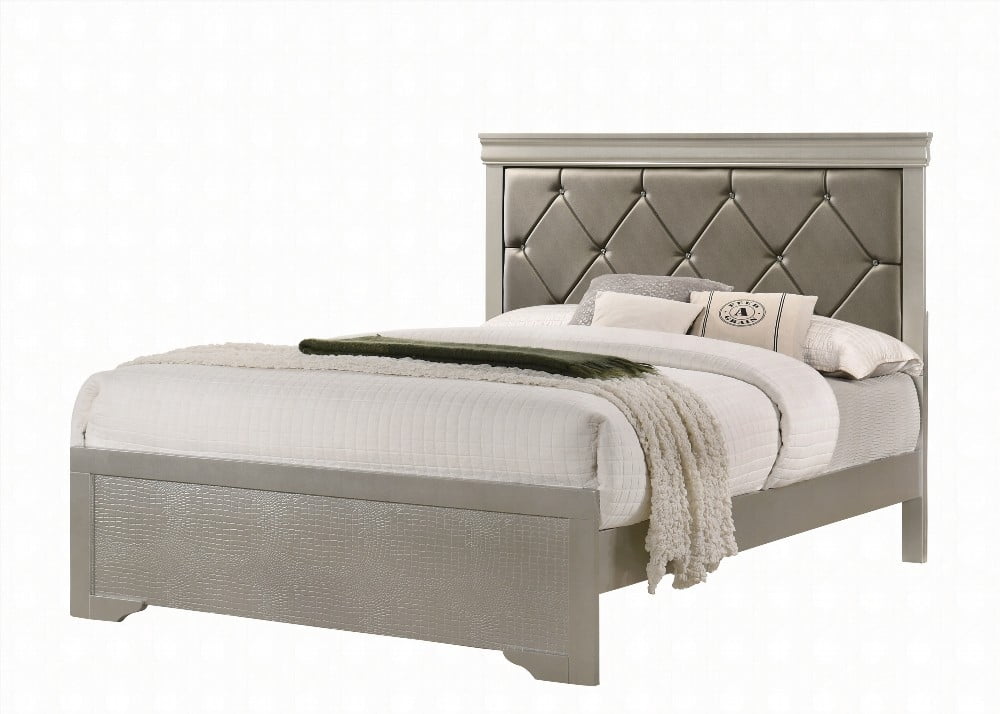 King Size wooden platform bed frame with beige champagne finish and crocodile texture upholstered headboard, silent and stable for master bedroom.