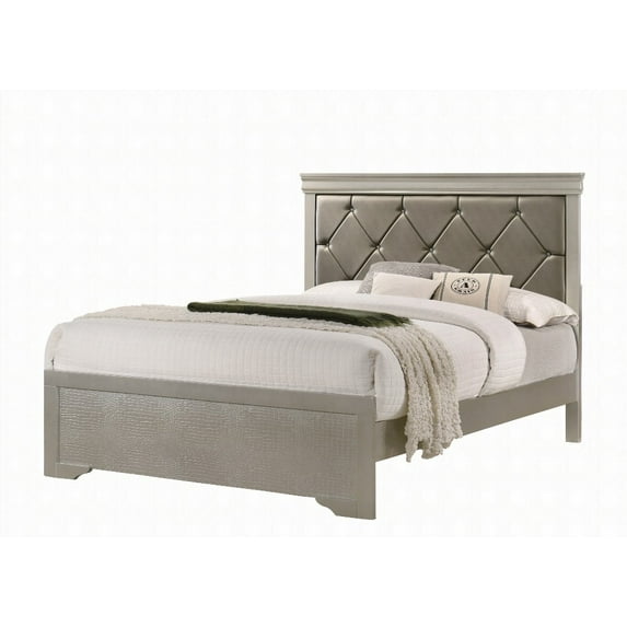 King Size wooden platform bed frame with beige champagne finish and crocodile texture upholstered headboard, silent and stable for master bedroom.