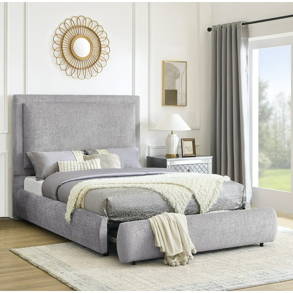 1pc King Size Luxurious Bed Frame Upholstered in a Soft Chenille Fabric High Padded Headboard Sleek Footboard Features Integrated Functionality Offering Hidden Storage Bedroom Furniture Pewter Color