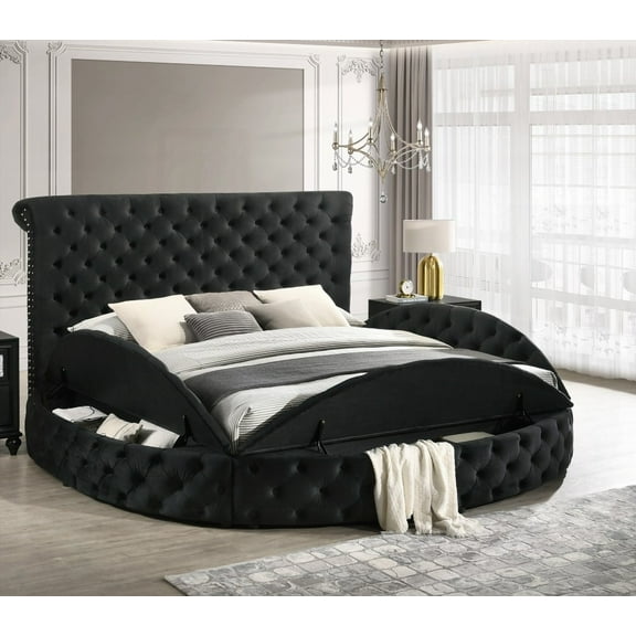 1pc King Size Wooden Bedroom Furniture with Glamorous Tufted Headboard and Black Footboard Storage Round Bed