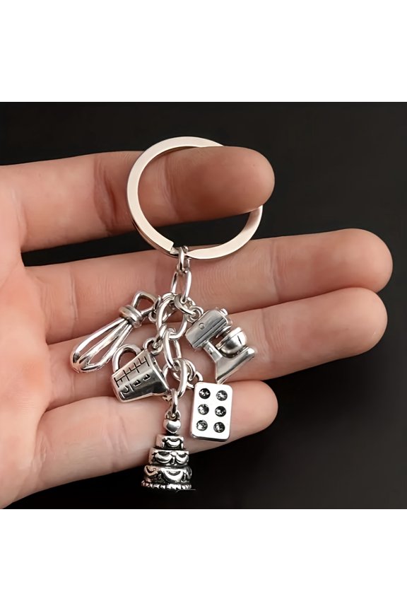 1pc Kitchen Utensils Keychain For Men, Cake Pizza Pan And Fork Model Key Ring, Small Gift