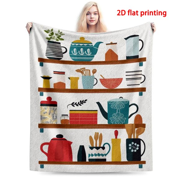 1pc Kitchenware Print Throw Blanket - Soft Flannel Fabric with Colorful Cooking Utensils & Appliances Design, Contemporary Style All-Season Couch Bedspread for Sofa, Travel, Living Room - Machine Was