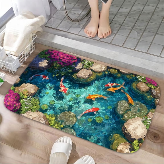 1pc Koi Fish in a Garden Pond Absorbent Non-Slip Bathroom Thickened Flannel Rug Decor,Soft,Quick Drying,Suitable For Indoor/outdoor Use,Bathrooms,Bedrooms,Kitchens,Terrace,Laundry Rooms,16"x24"