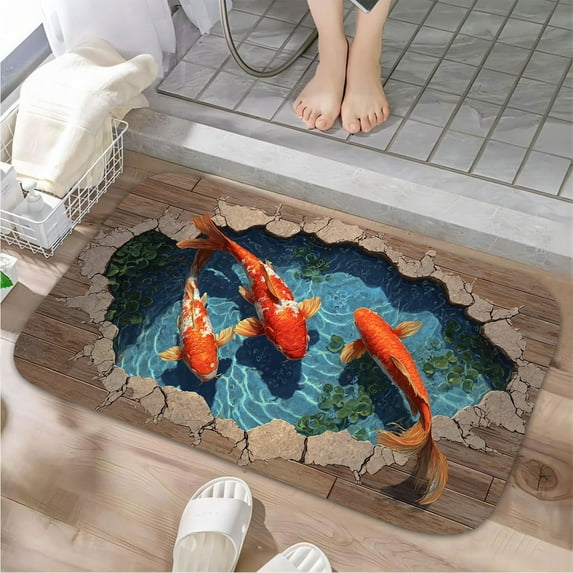 1pc Koi Fish in a Hole Absorbent Non-Slip Bathroom Thickened Flannel Rug Decor,Soft,Quick Drying,Suitable For Indoor/outdoor Use,Bathrooms,Bedrooms,Kitchens,Terrace,Laundry Rooms,16"x24"